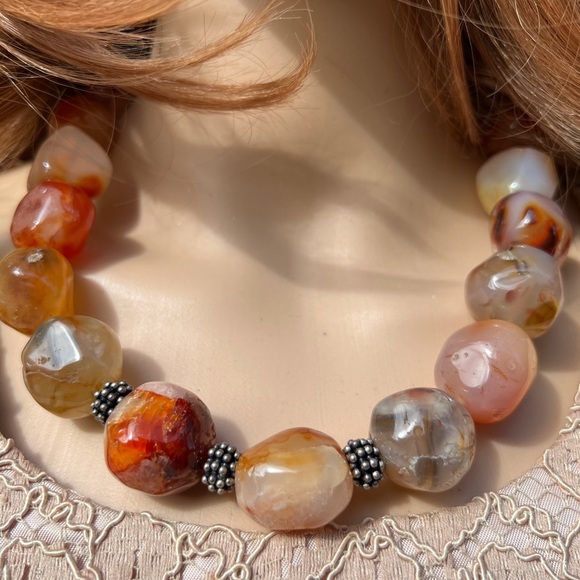 LARGE POLISHED CARNELIAN STONE STERLING SILVER NECKLACE - Picture 7 of 13